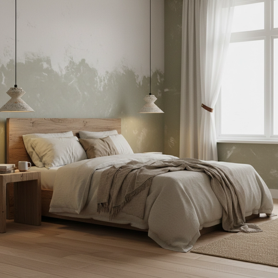 Dual travertine pendant lights installed in modern bedroom creating layered wabi-sabi home ambiance