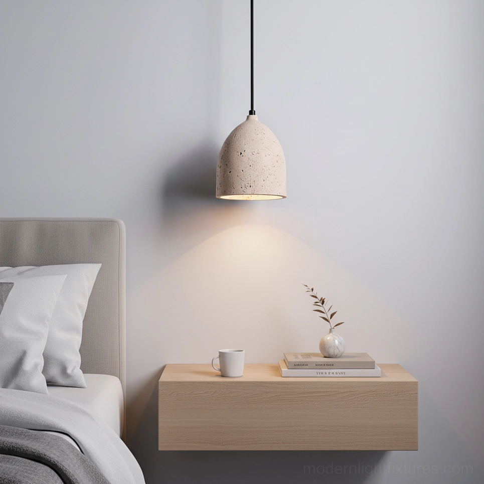 Single travertine stone pendant lamp hanging in modern minimalist bedroom with natural light and white bedding