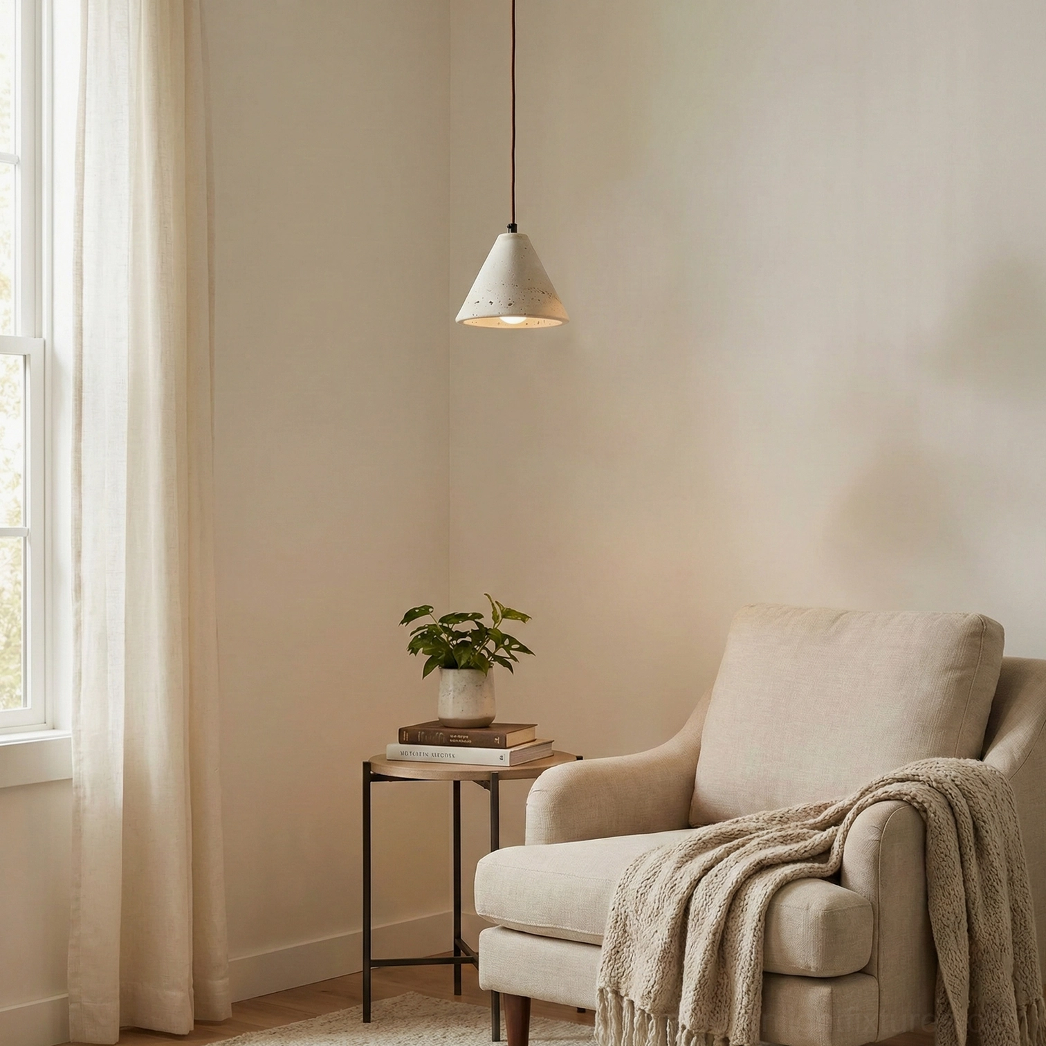 Single travertine conical pendant lamp illuminating cozy bedroom corner above wooden nightstand with neutral bedding