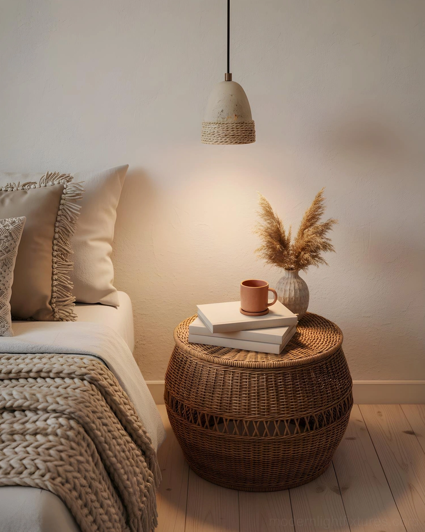 Single travertine rattan pendant light in minimalist bedroom bedside nook creating cozy ambiance