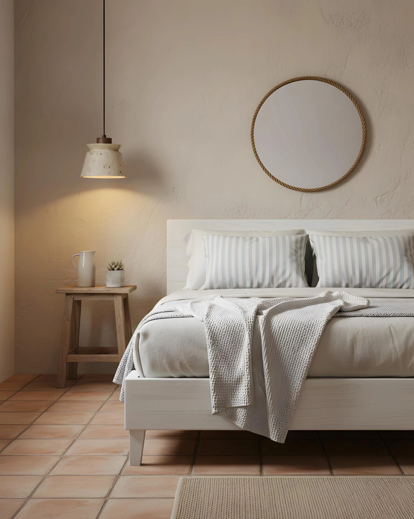 Minimalist master bedroom with neutral travertine pendant light, cozy bedding and warm wall lighting