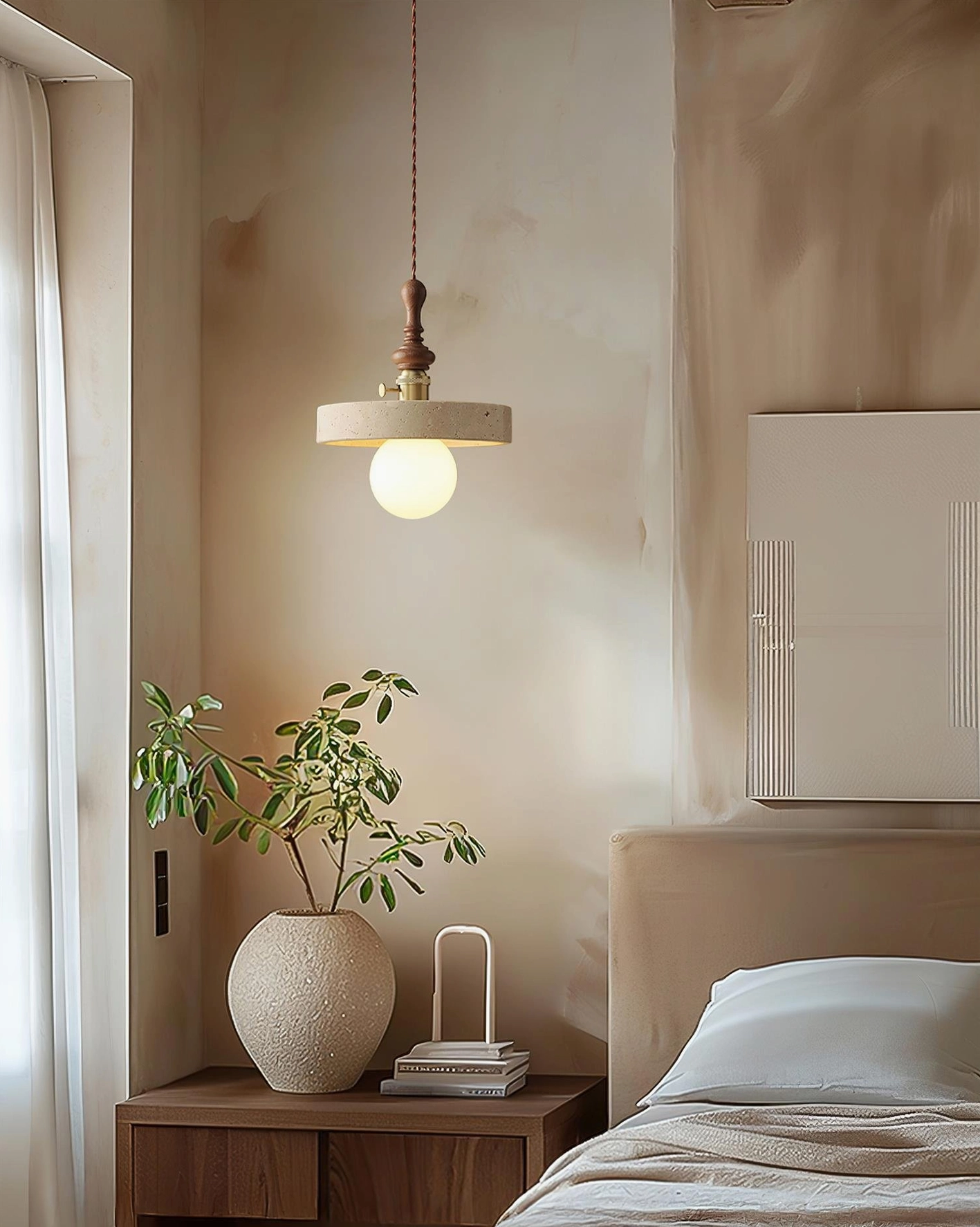 Single travertine pendant lamp hanging beside minimalist bedroom with warm lighting