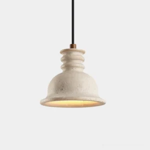 Beige travertine pendant light with bell-shaped stone shade and black cable, front overhead view on white background showing minimalist sculptural design
