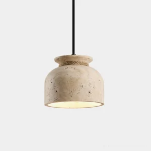 Cavena travertine pendant light with hemp rope detail, beige natural stone, studio view