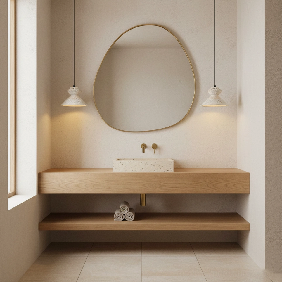 Travertine pendant light fixture displaying natural stone texture and warm tonal variations in beige finish