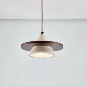 Travertine pendant light with warm wood tone in beige and walnut color combination, studio lighting
