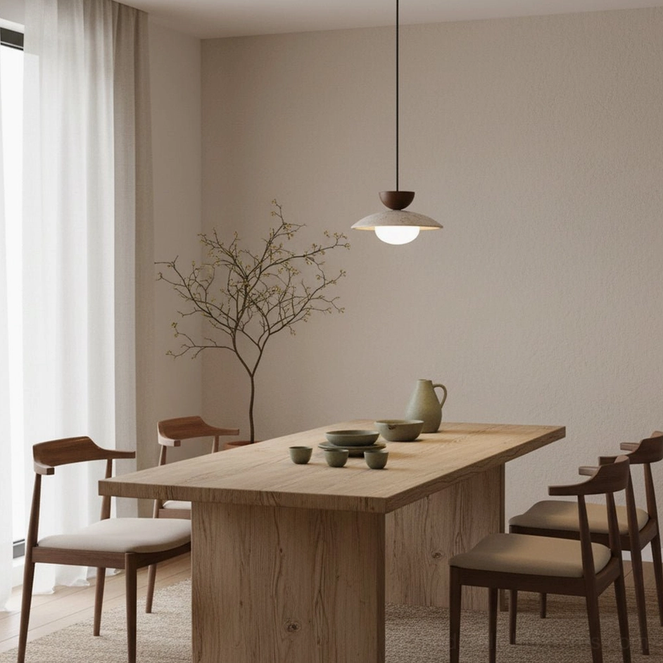 Tia travertine pendant lamp with adjustable black cord displayed in home environment