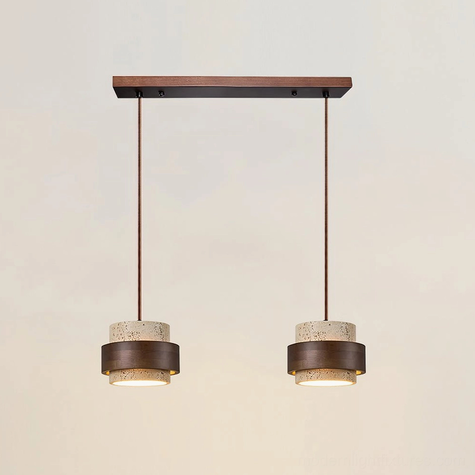 Travertine stone pendant light with black dark stone shade, dramatic modern lighting statement piece