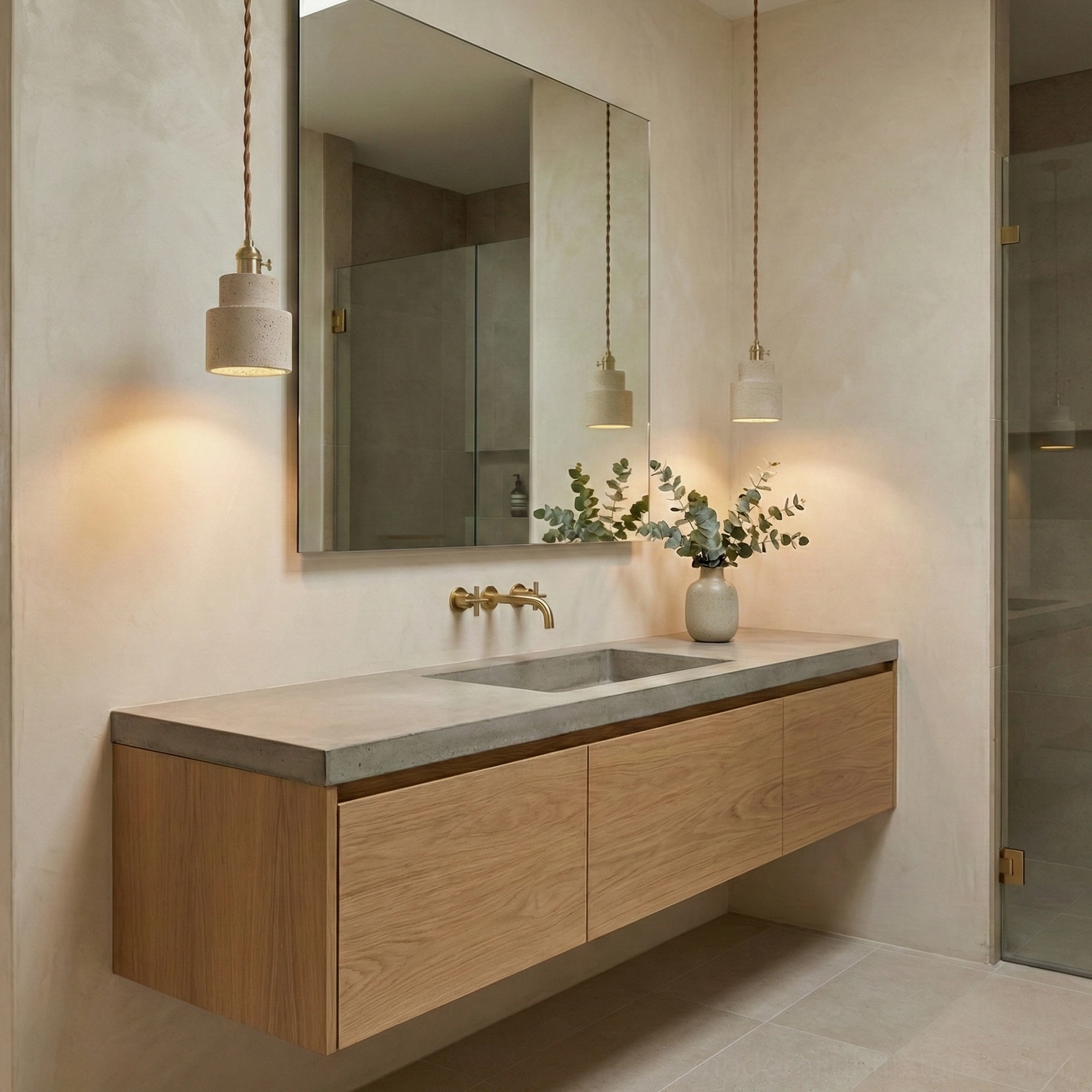 Modern travertine pendant lamp with brass accents and exposed filament bulb