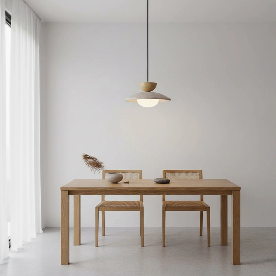 Tia travertine pendant lamp canopy and mounting hardware detail with adjustment cord