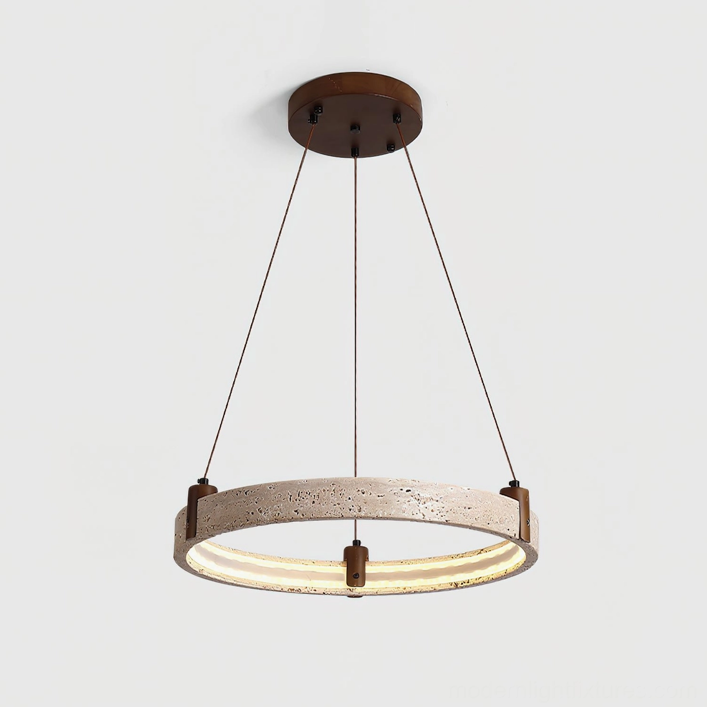 Modern travertine ring pendant light showing ceiling mount and suspension wire