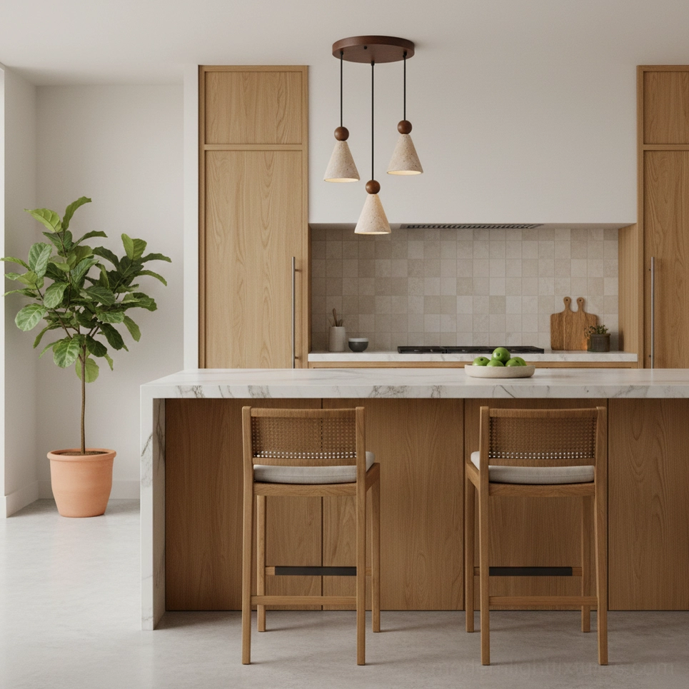 Contemporary travertine cone pendant light close-up showing natural stone surface and wood detail