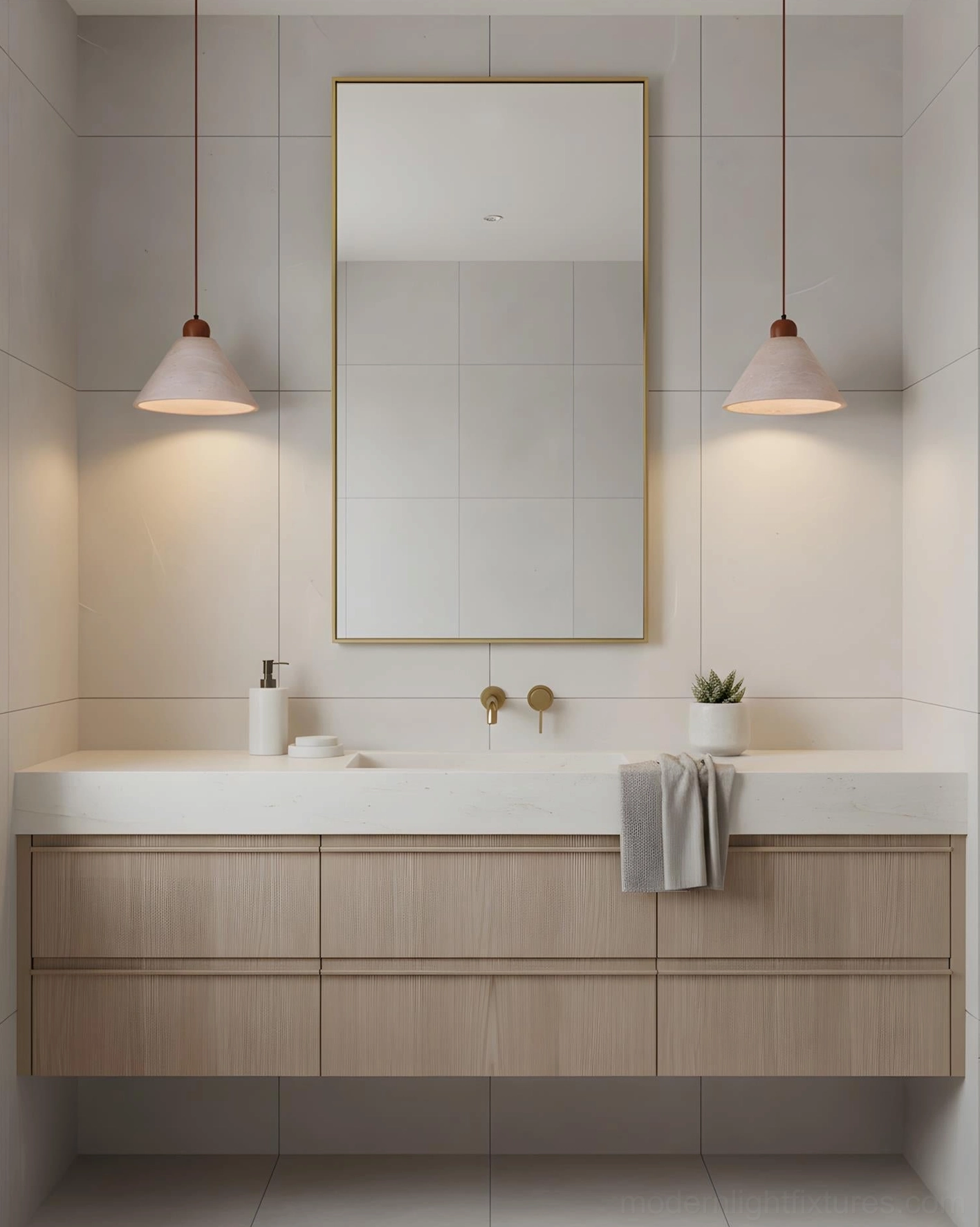 Travertine pendant light fixture showing close-up detail of porous natural stone surface texture, walnut wood top cap, and warm beige coloring