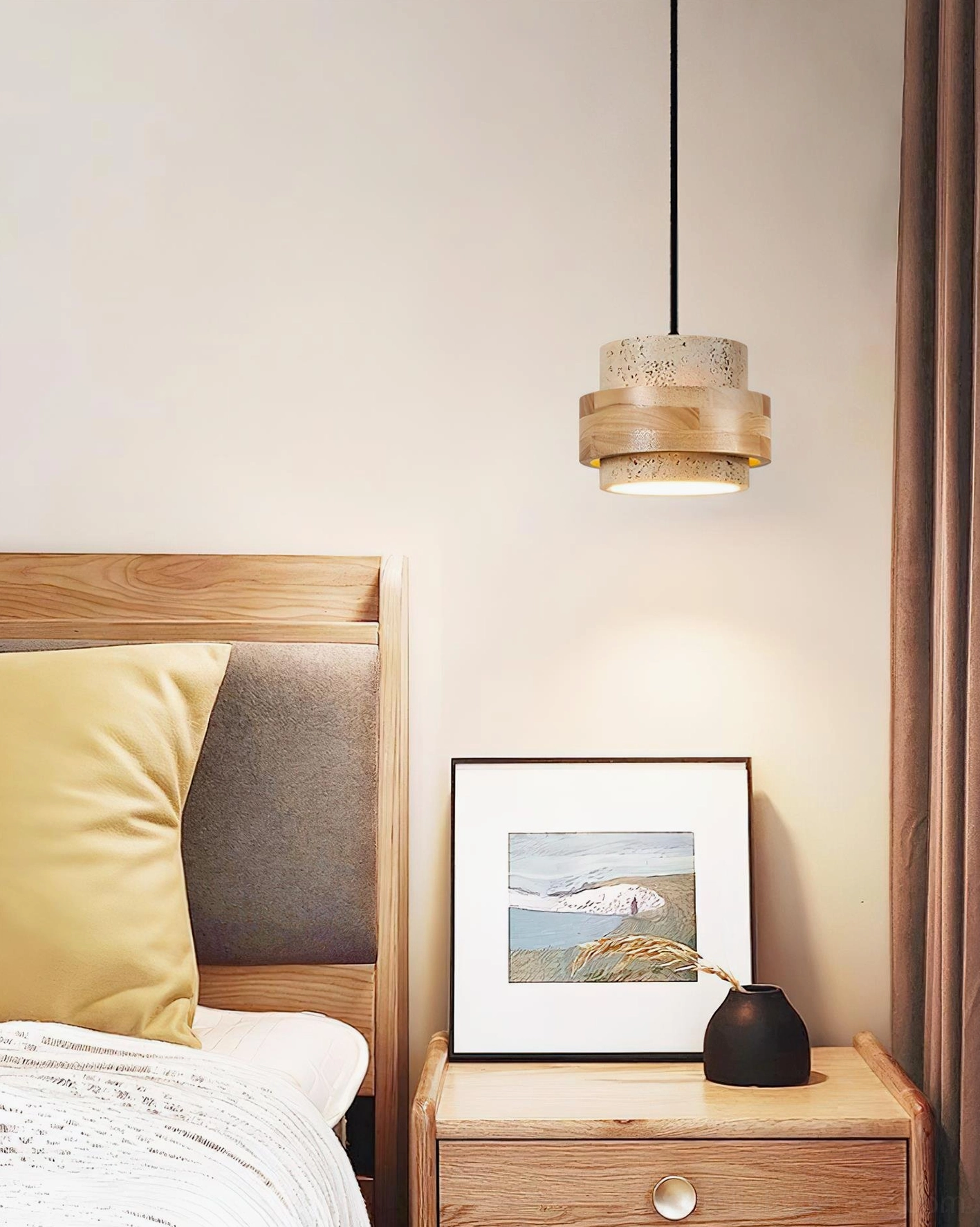 Travertine stone pendant light fixture color comparison, showing walnut wood and beige stone coordination