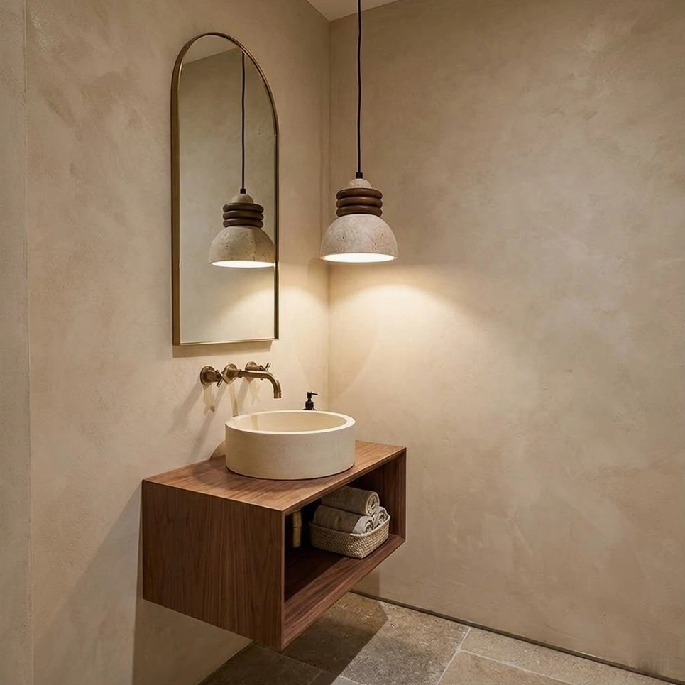 Travertine pendant light fixture showing complete assembly with mounting hardware and hanging cord in studio setting