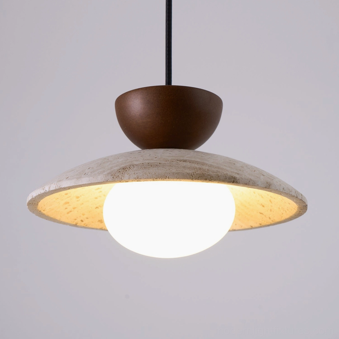 Tia travertine pendant light showing complete assembly with all components and materials
