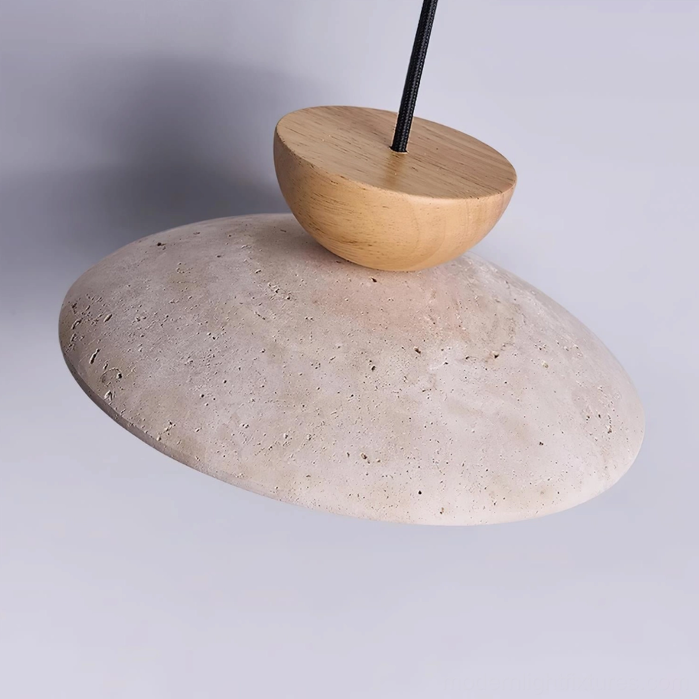 Tia travertine pendant light with wood and glass components detail view