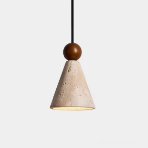 Travertine cone pendant light with walnut wood accent, single head design, front view