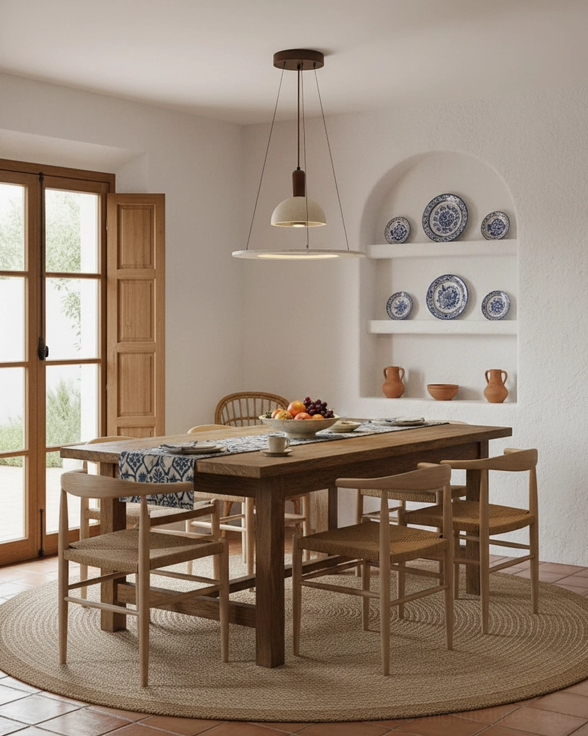 Travertine pendant light installation in contemporary home showing ambient warm illumination