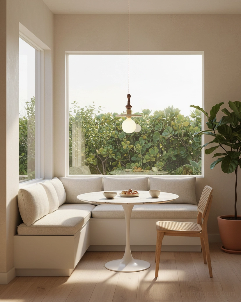 Travertine pendant light installed in contemporary minimalist interior space