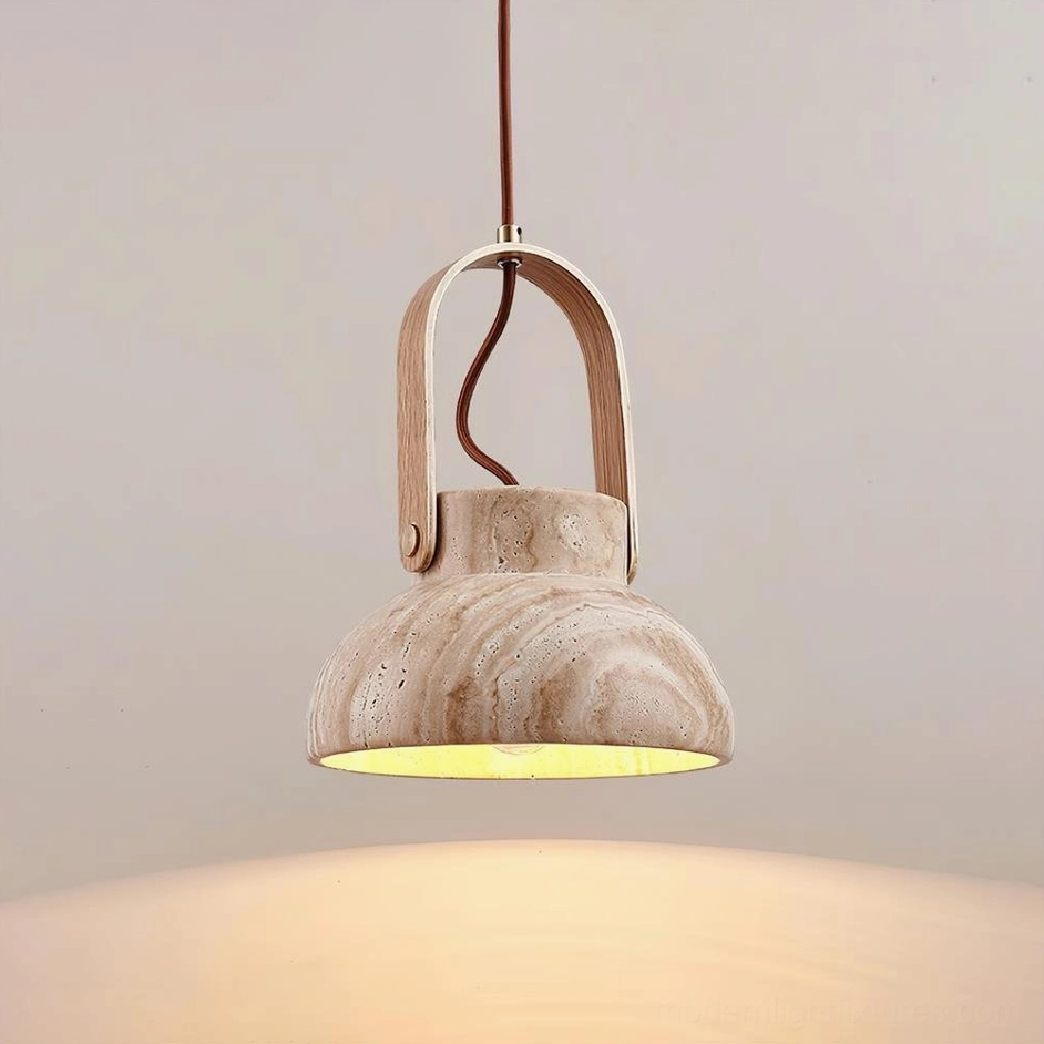 Nissa travertine pendant light compatible with dimmer switches for warm ambient lighting control