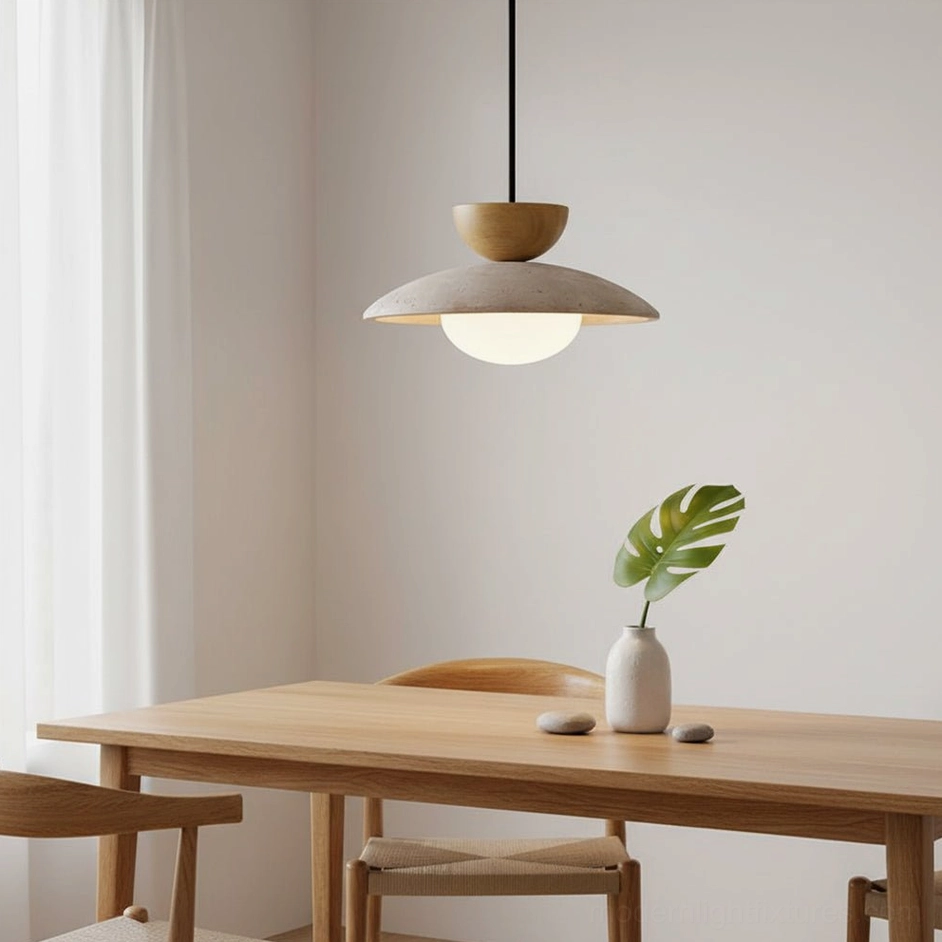 Tia natural travertine pendant light suspended above wooden dining table in warm home setting