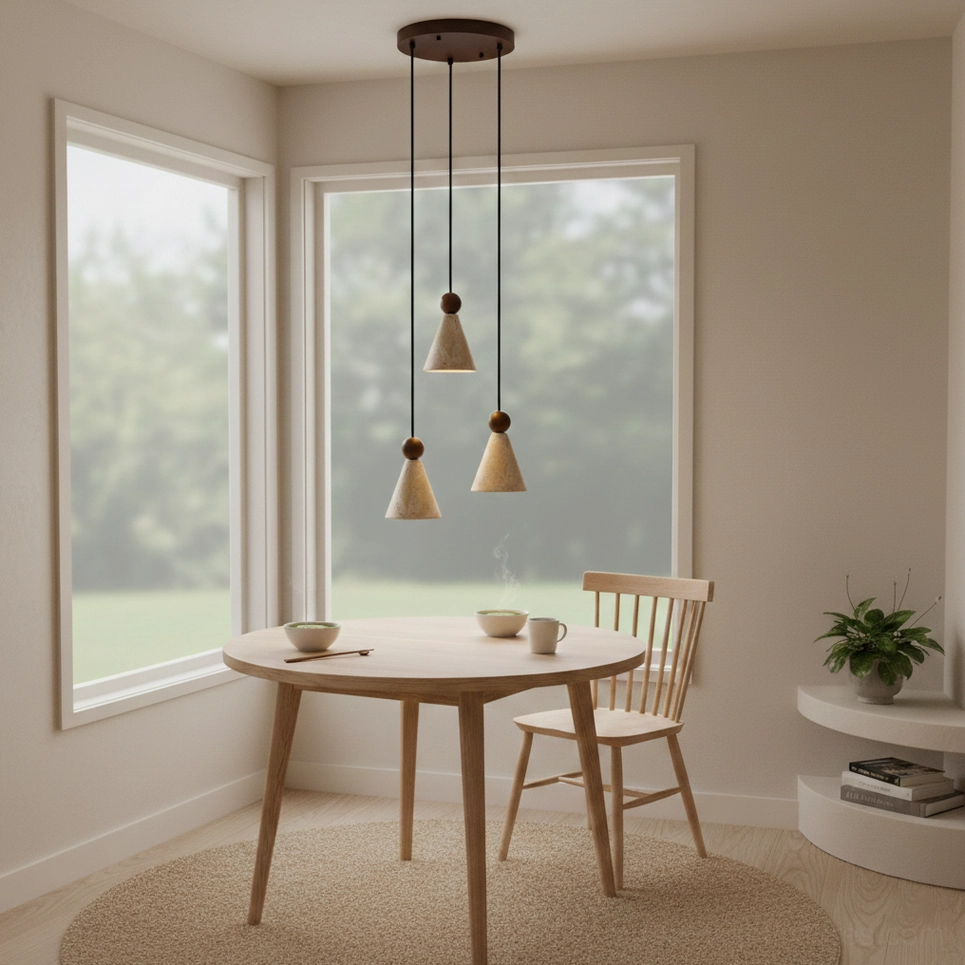 Travertine pendant lights illuminating modern dining room with wooden furniture and minimalist decor