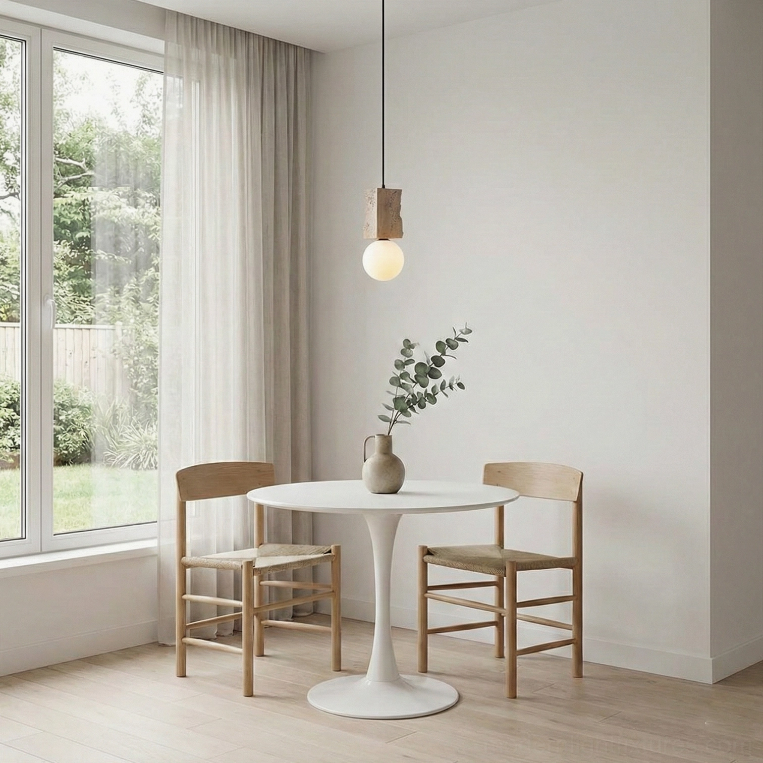 Single travertine globe pendant hanging in minimalist dining nook interior creating sophisticated warm ambient dining light
