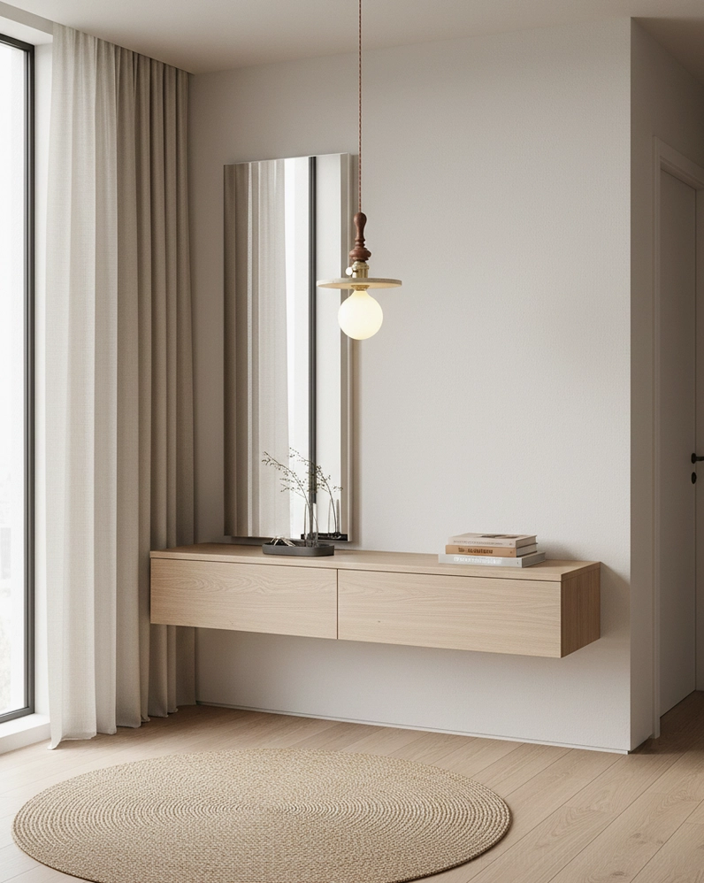 Travertine pendant light paired with modern dining furniture and decor