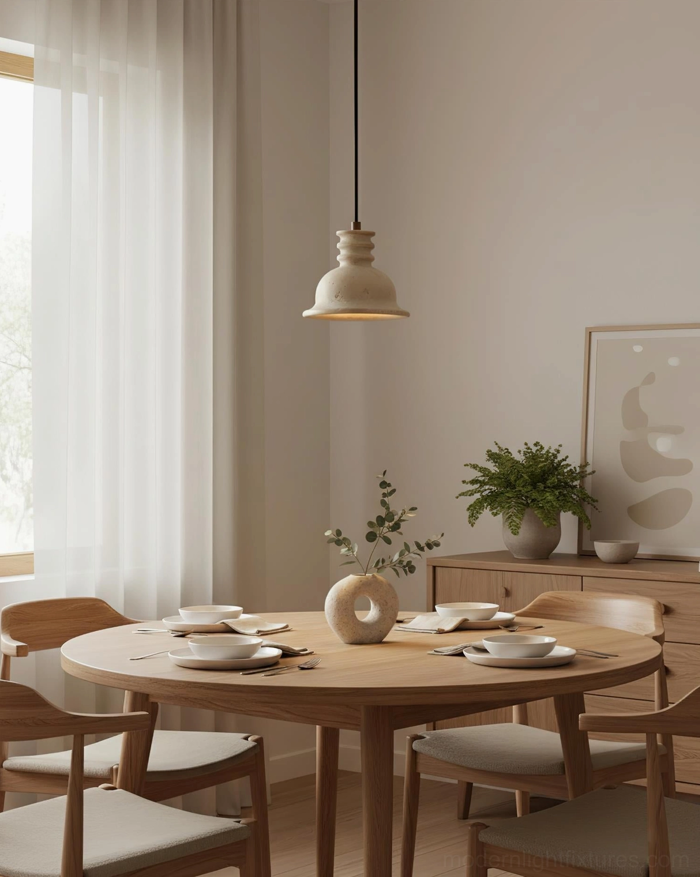 Travertine pendant light installed over dining table in scandinavian minimalist home showing soft ambient illumination