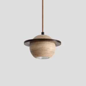 Modern travertine pendant light direct front view displaying downward-facing light port and sculptural geometric form