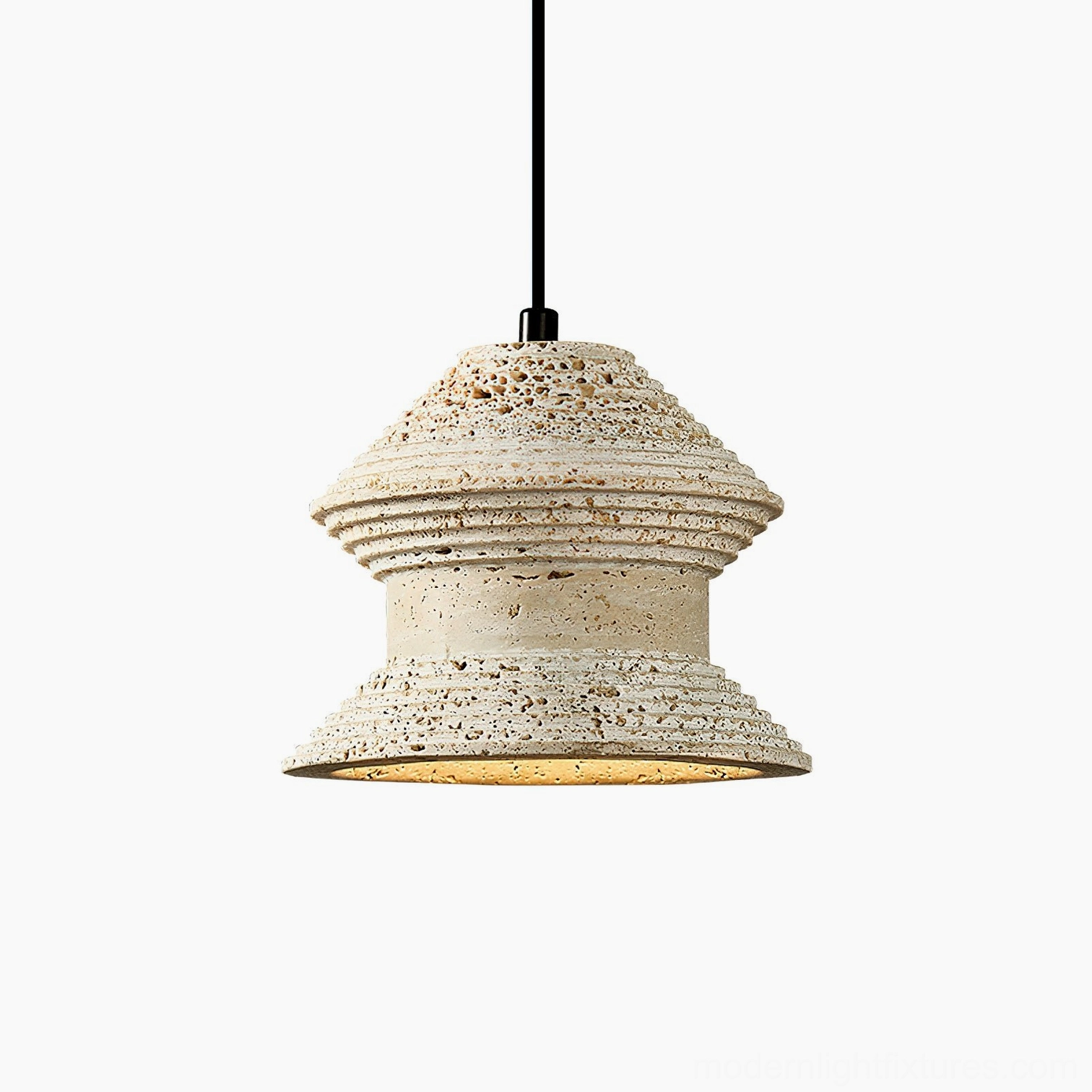 Travertine pendant light mounted in modern entryway providing sculptural architectural lighting focal point