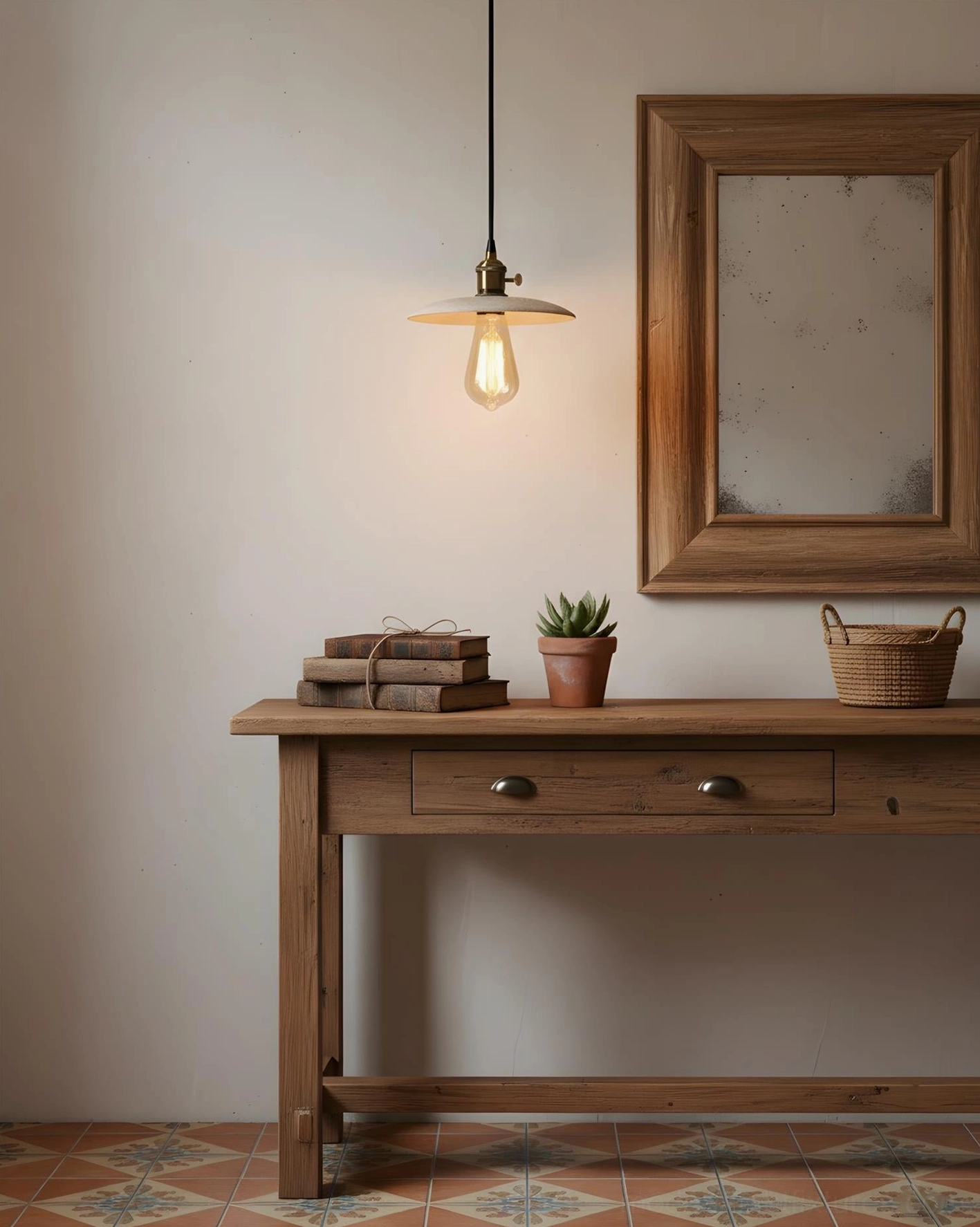 Travertine pendant light with brass hardware above entryway console table