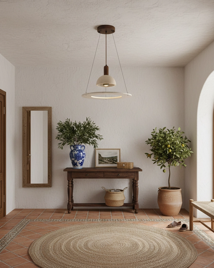 Travertine pendant light fixture in farmhouse entryway with wooden console table and plants