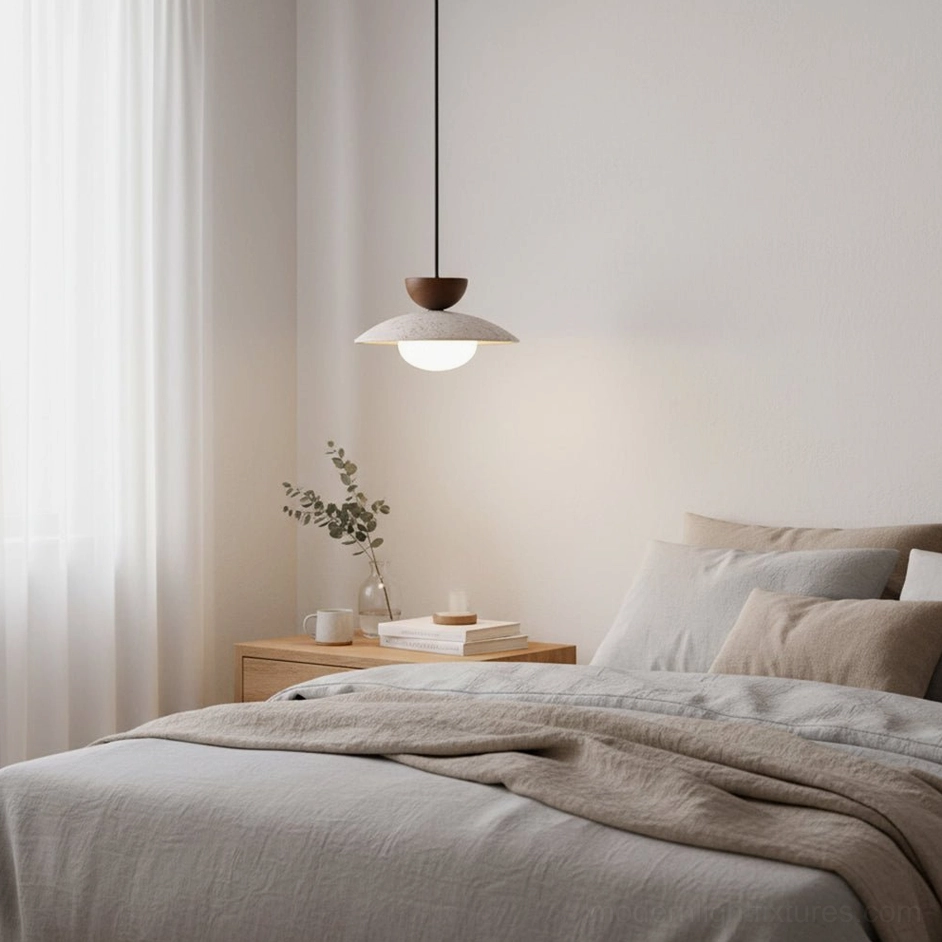 Tia travertine pendant light color finish comparison showing wood and walnut tones