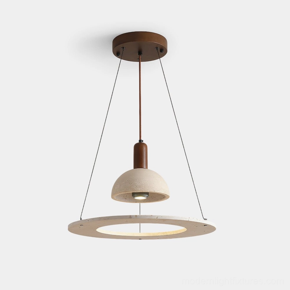 Modern travertine pendant light with sculptural dome and hollow metal ring, front view on white background