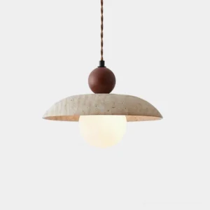 Travertine stone pendant light with walnut wood accent, front view on minimalist white background showcasing wabi-sabi design