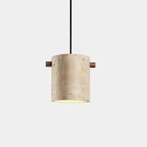 Modern travertine pendant lamp with walnut wood accents, front view studio photography
