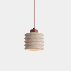 Travertine ribbed pendant light with walnut wood accent, front view showing textured stone shade and brown hardware on white background