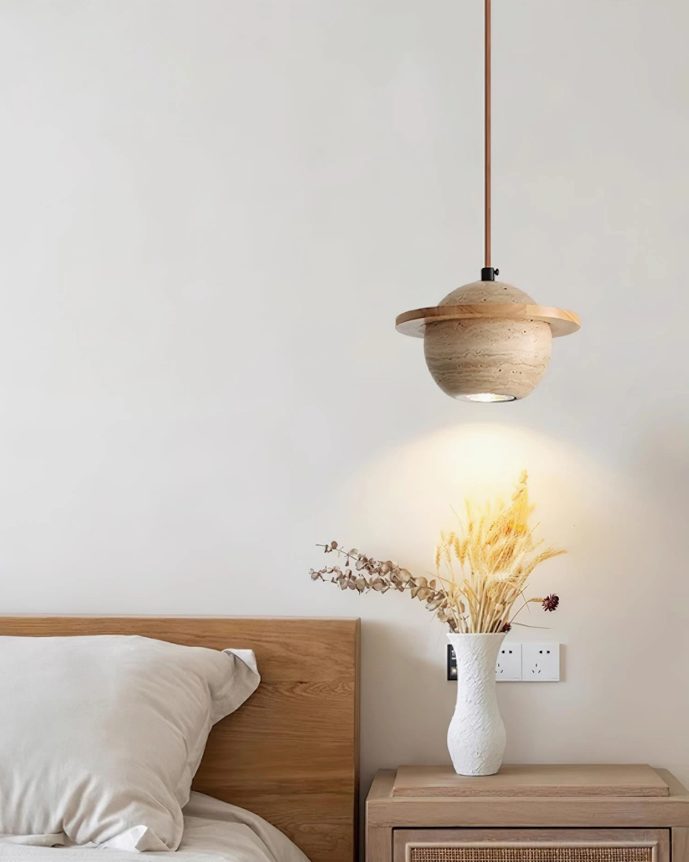 Travertine pendant light showing G9 socket compatibility, hardwired modern pendant fixture for dimmable ambiance