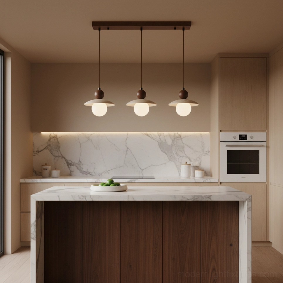 Travertine pendant light with G9 socket warm LED bulb installation modern minimalist aesthetic