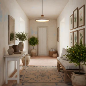 Modern travertine ceiling pendant installed in minimalist hallway entry corridor, eye-level view