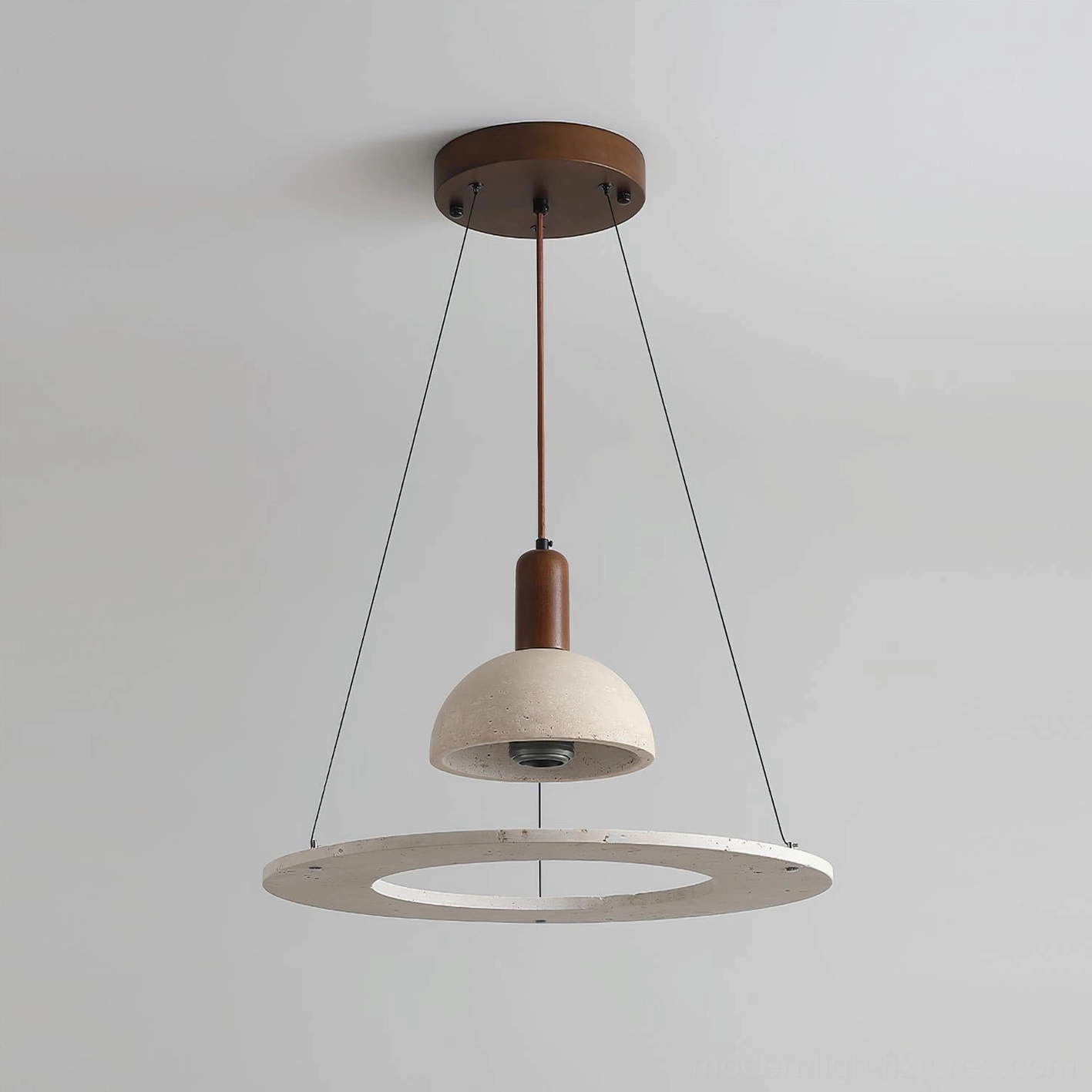 Travertine pendant light hanging view showing dome shade structure and suspension hardware