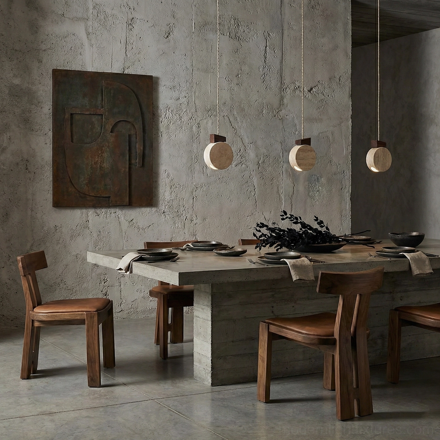 Modern home bar lounge with travertine pendant lights creating warm ambient glow above stone countertop