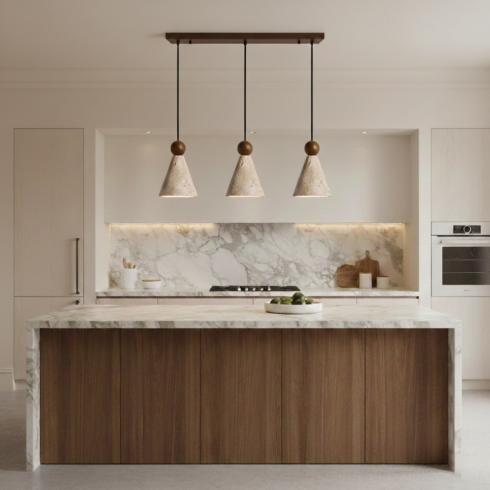 Modern pendant light fixture with travertine stone shade and walnut wood accent in residential setting