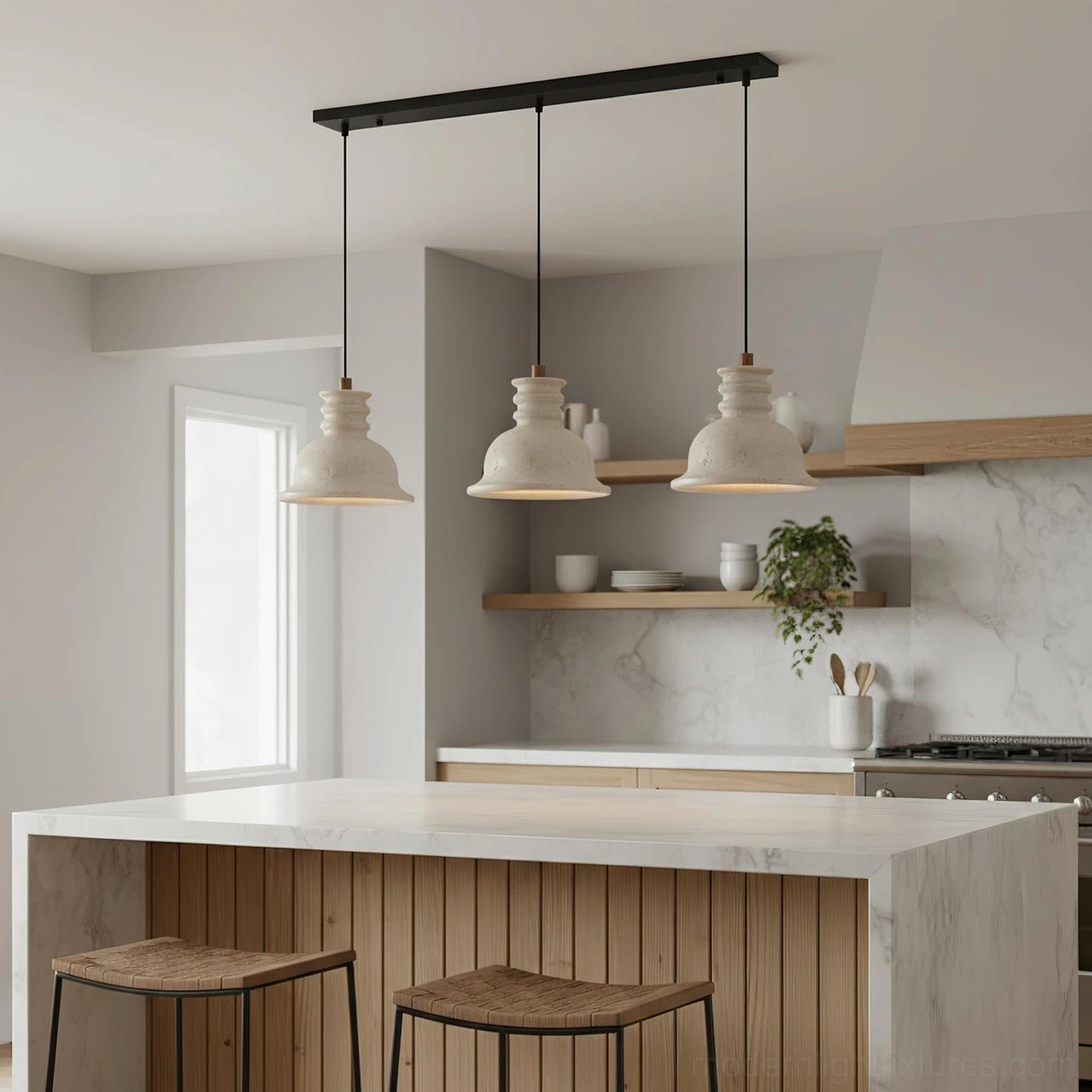 Single travertine pendant light in home office or study corner creating focused ambient lighting for minimalist workspace