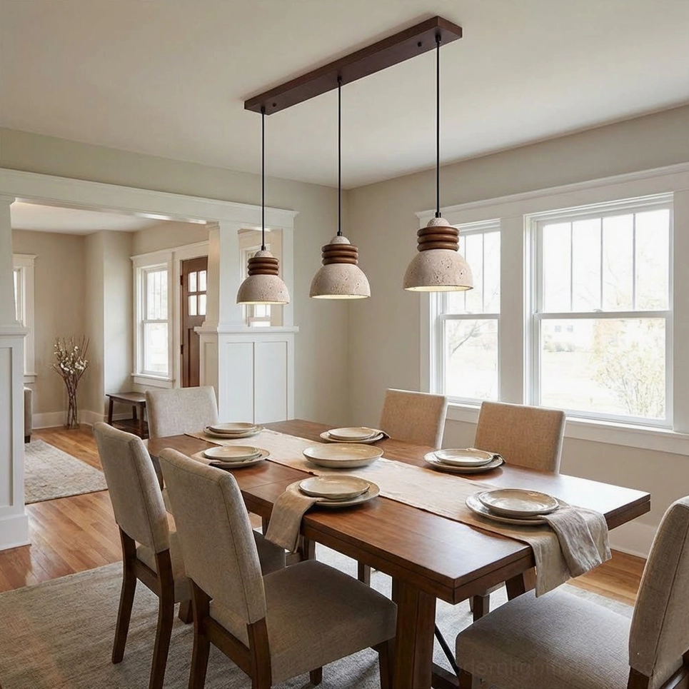 Travertine pendant light illuminated showing warm ambient glow diffusion through natural stone shade material
