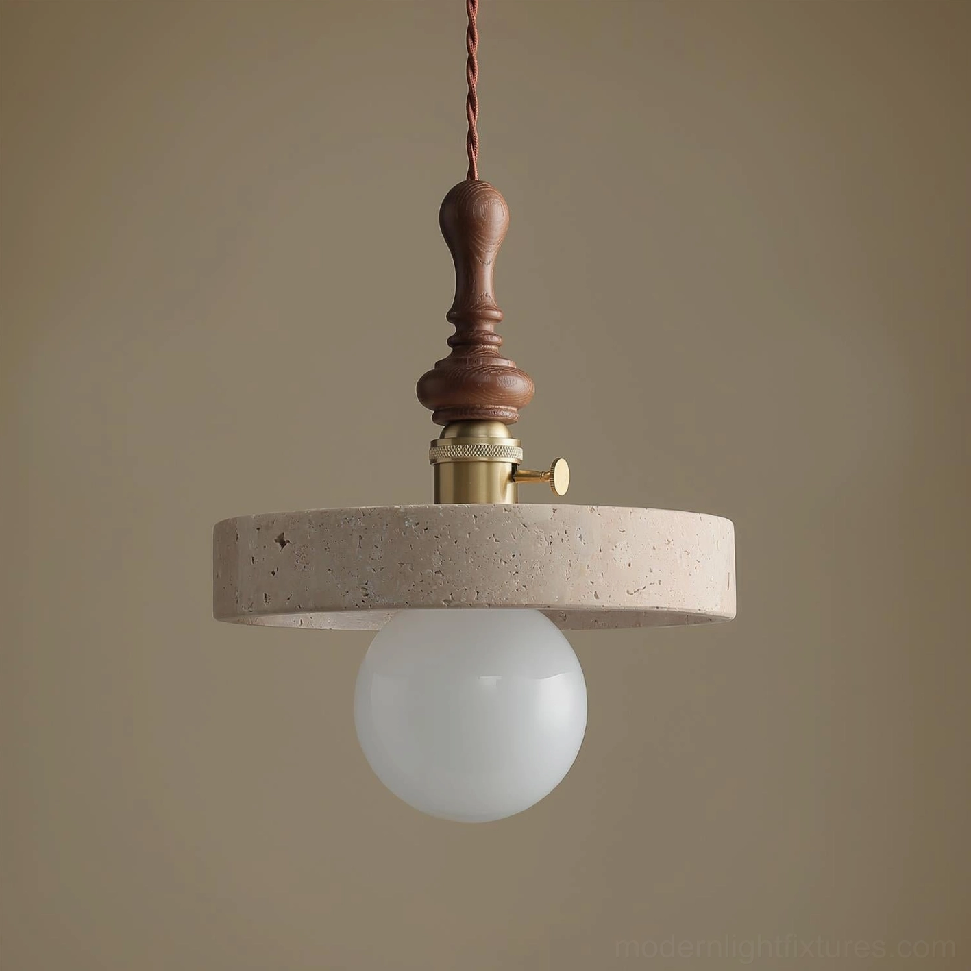 Travertine pendant light industrial modern design brass walnut combination