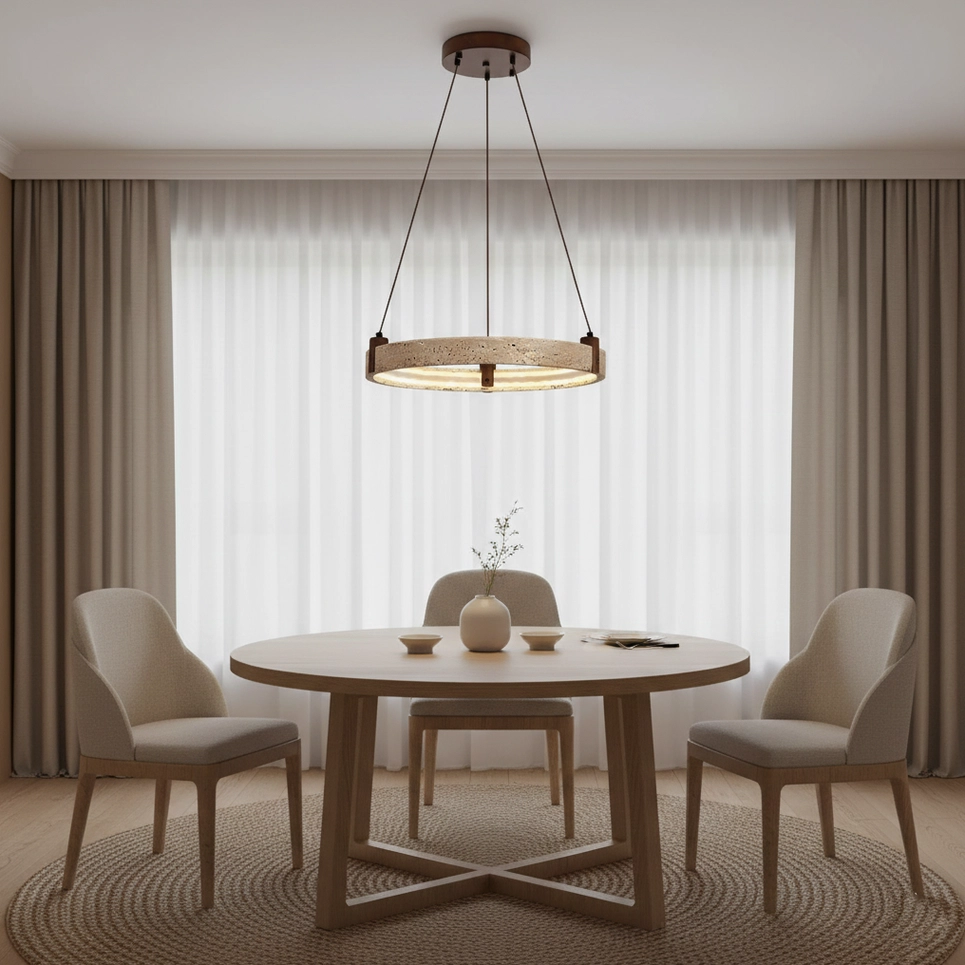 Travertine ring pendant light installation detail with brown metal hardware