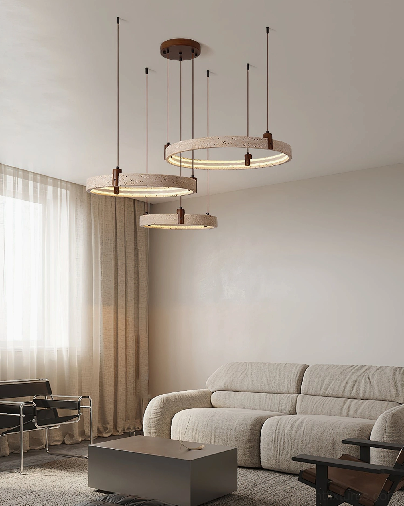 Eclora travertine ring chandelier showing integrated LED warm white illumination